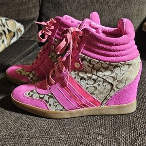Coach Alara Brown Signature Jacquard & Hot Pink Suede Wedge Heel Shoes W Sz 8